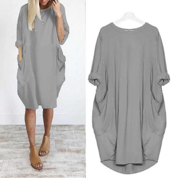 Kvinnor Plus Size Lång Eeve Lös Midi Klänning Med Ficka Pink 5XL