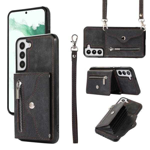 För Samsung Galaxy S22+ 5g Anti-fall phone case Rfid blockerande kortväska Pu Läder+tpu cover med stöd Black