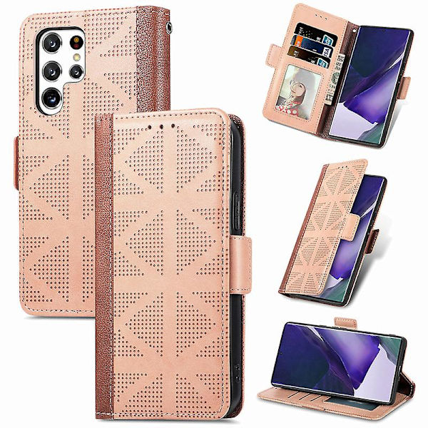 Phone case För Galaxy S22 Ultra Läder Phone case Stötsäker Telefonhållare Kortplats Multifunktionell pink
