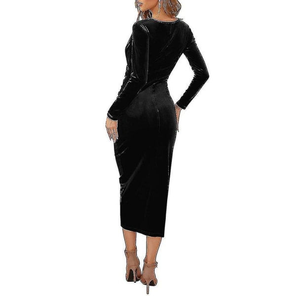 Elegant sammet långärmad omlott V-hals Ruched Bodycon festklänning för kvinnor Black S