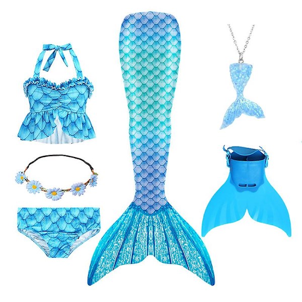 Sommarflicka sjöjungfru stjärt med monofin Halloween kostym prinsessa klänning baddräkt bikini badkläder för simning V 150cm(11-12T) 6PCS with fins11