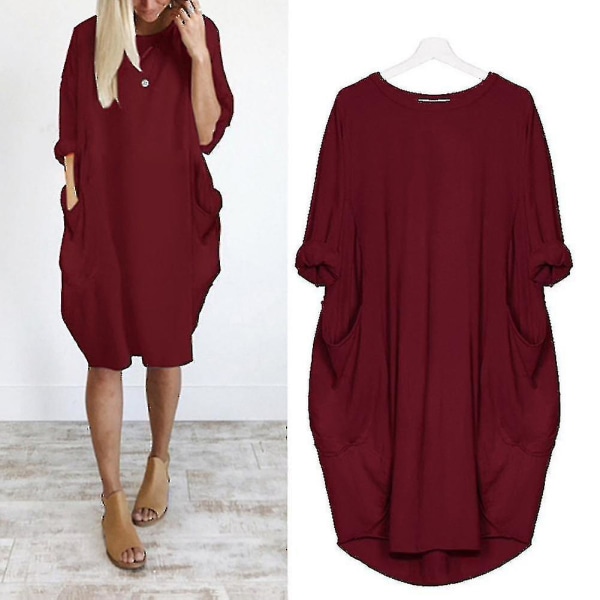 Kvinnor Plus Size Lång Eeve Lös Midi Klänning Med Ficka Pink 5XL