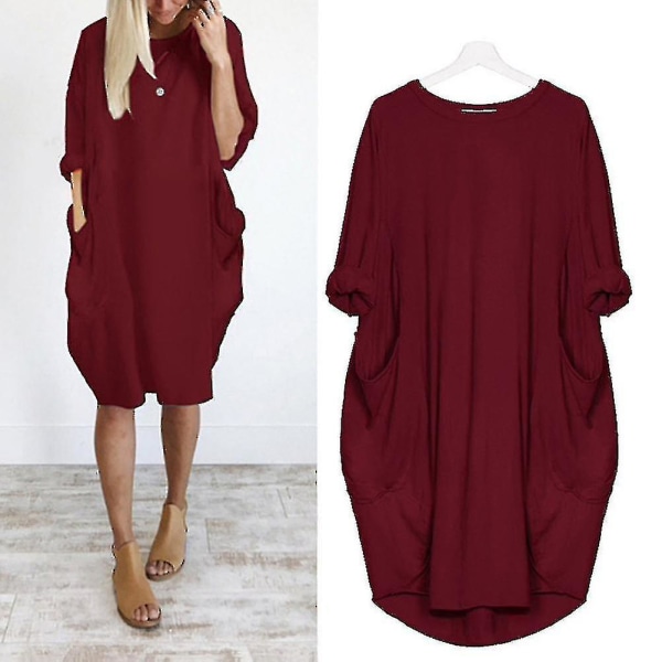 Kvinnor Plus Size Långärmad Lös Midiklänning Med Ficka Wine Red 4XL