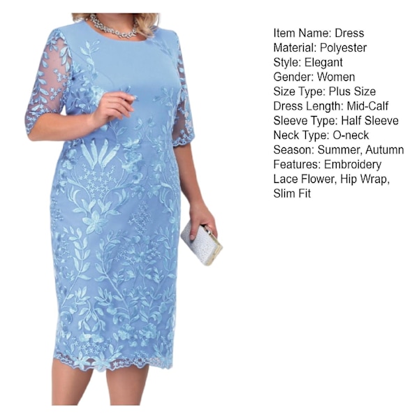 O-halsad halv ärm midja tajt höft omslag smal passform midi klänning broderi blomma blad spets sömnad plus storlek dam kvällsklänning daglig klädsel Sky Blue 2XL