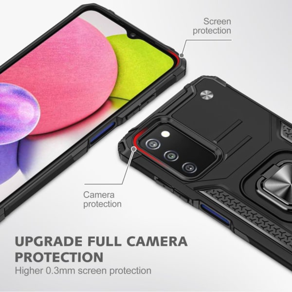Xhy Samsung Galaxy A03S Case med skärmskydd Magnetisk ringhållare Kickstand Militärklass helkropp Dubbellagers fallskyddsmatta black