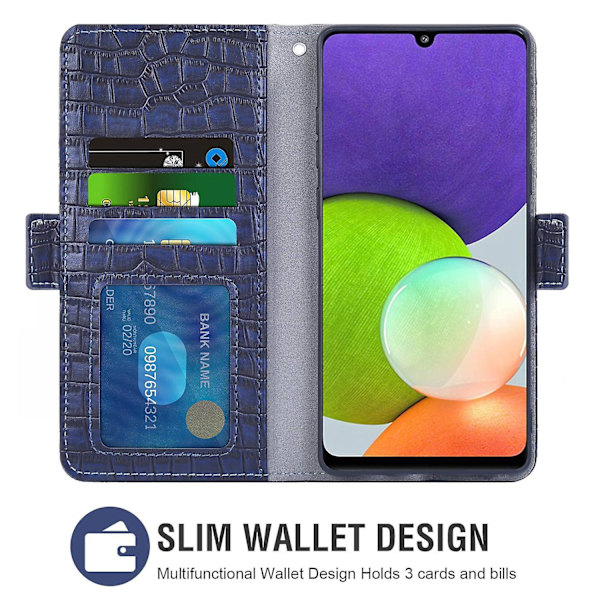 För Samsung Galaxy A22 Crocodile PU Läder Telefon Case Dubbelt magnetiskt cover Blue
