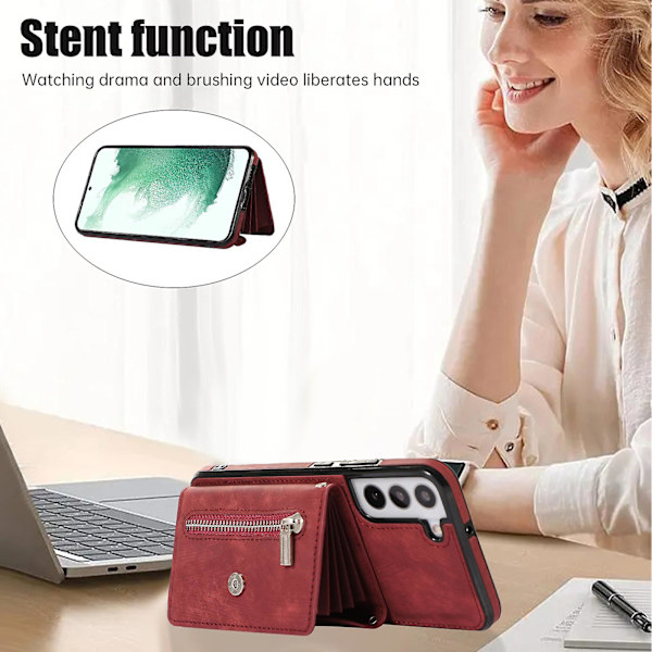 För Samsung Galaxy S22+ 5g Anti-fall phone case Rfid blockerande kortväska Pu Läder+tpu cover med stöd Red