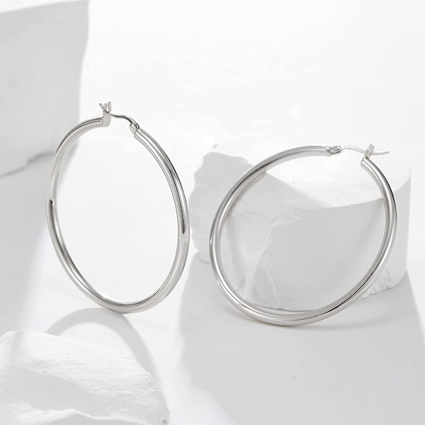 925 Sterling Silver Hoop Örhängen-chunky Huggie Örhängen för kvinnor, Diameter 25 30 40 50 mm (50mm) Silver