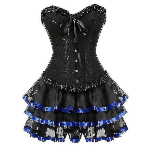 Korsetter Klänningar För kvinnor Plus Size Kostym Overbust Burlesk Korsett Och Mini Kjol Set Tutu Corselet Blue 4XL