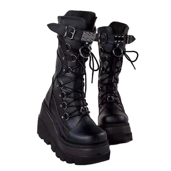 Platformstövlar damer Spänne rem Punk Goth Boot Dam Gothic Snörskor Sz Black EU 41