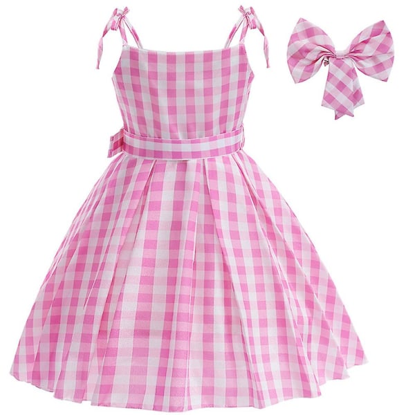 Barbie Cosplay Klänning Kostym Tjejer Margot Robbie Film Outfit Barn Rosa Vit Gingham Klänning Halloween Fest Födelsedag Klä upp med rosett hår 8-9 Years