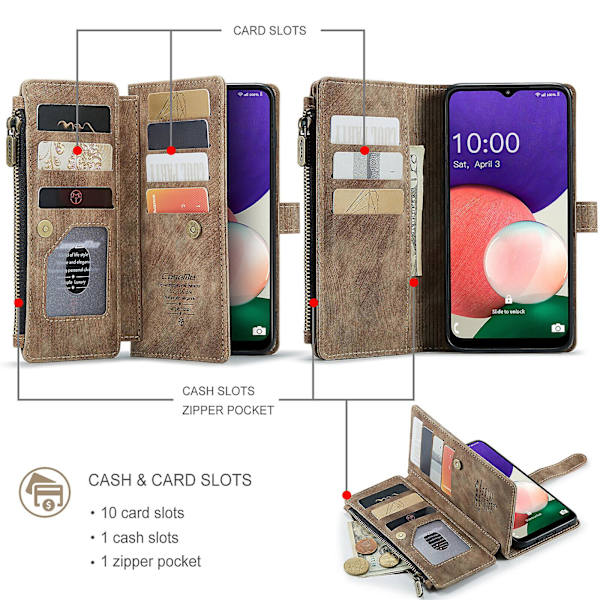 Case för Samsung Galaxy A22 5g Cover Plånbok Slitstark Pu-läder Magnetic Flip Dragkedja Korthållare - Brun Brown none