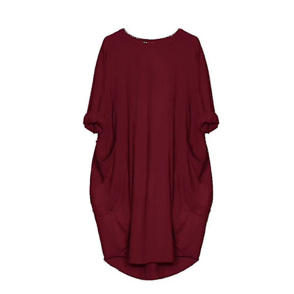 Kvinnor Plus Size Långärmad Lös Midiklänning Med Ficka Wine Red 5XL