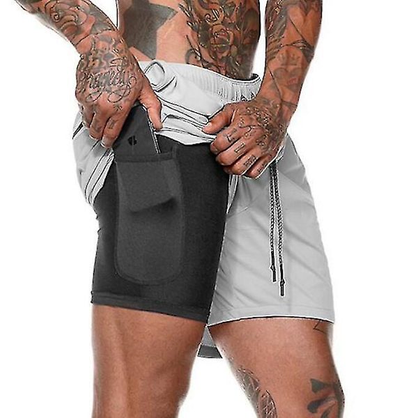 Herr 2 i 1 träningslöparshorts med dragkedjefickor light grey L