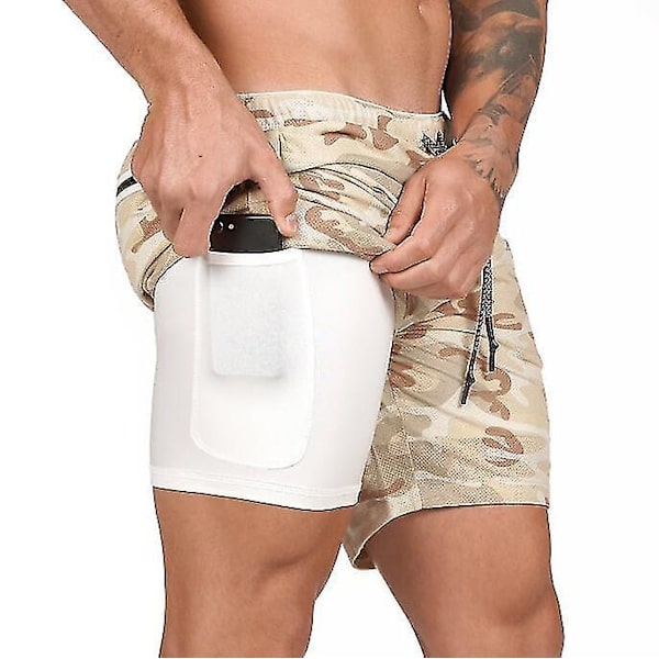 2-i-1 träningsshorts för män med blixtlåsförsedda fickor light yellow M