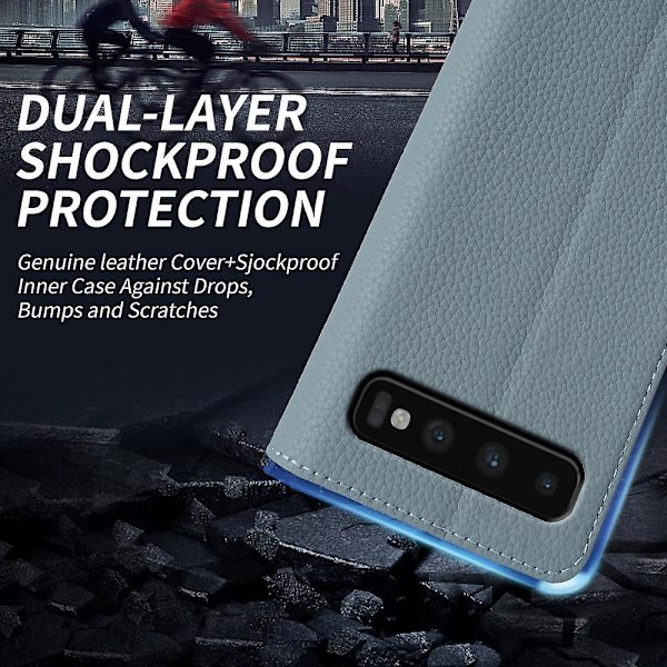 För Samsung Galaxy S10 Plus anti-scratch Litchi Texture Äkta kohud Läder+tpu Telefon Case Baby Blue