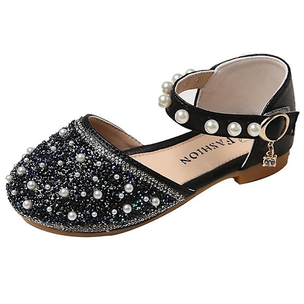 Barn Mode Klänning Sandal Pärla Sandal Sommar Glitter Ballerinor Bröllop Stängd Tå Platta Sandaler Black EU 29.5=Tag Size 31