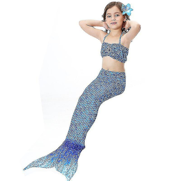Barn Flickor Mermaid Tail Bikini Set Badkläder Baddräkt Simdräkt_y Dark Blue 8-9 Years