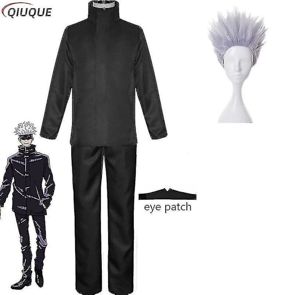 2023-anime Jujutsu Kaisen Gojo Satoru Cosplay Kostym Toppar Byxor Ögonlapp Halloween Party Män Uniform Peruker-1-1 Black Package 5 M