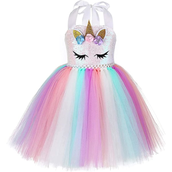 Enhörningsdräkt för flickor Led Light Up Tutu Dress Up Födelsedagspresenter Prinsessklänning till Halloweenfest Rainbow Led-sequins 6-7 Years