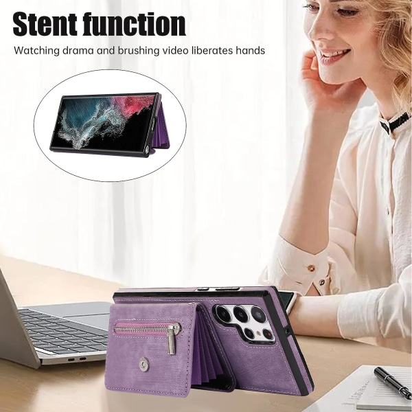 För Samsung Galaxy S22 Ultra 5g Pu-läder+tpu phone case Rfid-blockerande cover med stöd Purple
