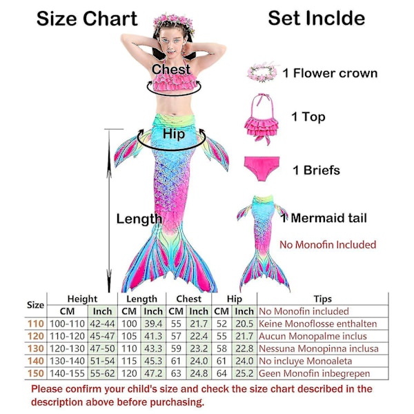 Barn Flickor Mermaid Tail Bikini Set Badkläder Baddräkt Simning Kostnad Inklusive Garland Pannband Färg 10 4-5 år