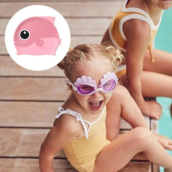 Cap Barn-1 förpackning Silikon Roliga badmössor för flickor och pojkar, badmössor för barn med tecknade hajar & minnows-design light pink