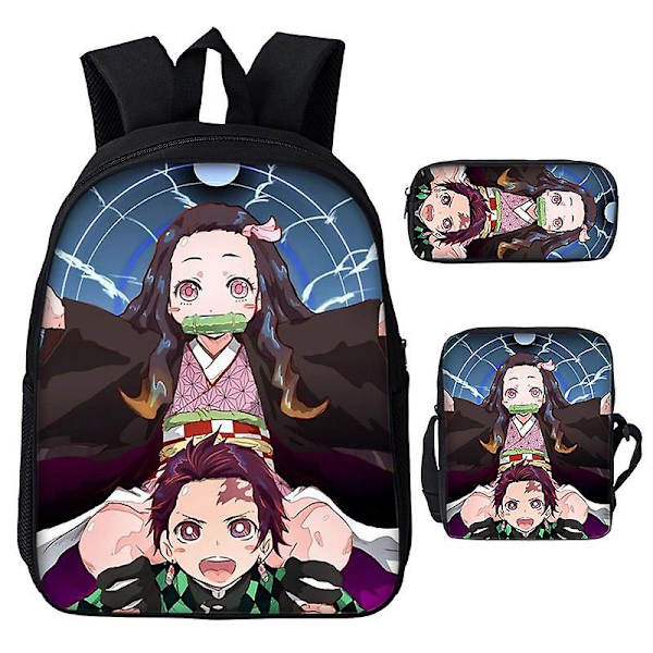 3st/ set Japan Anime Demon Slayer Studenter Pojkar Flickor Skolväska Ryggsäck Barn Tonåring Tecknad Oxford Vattentät skolväska Beige 18 inches