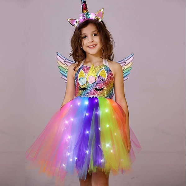 Enhörningsdräkt för flickor Led Light Up Tutu Dress Up Födelsedagspresenter Prinsessklänning till Halloweenfest White Led-rainbow Sequins 2-3 Years