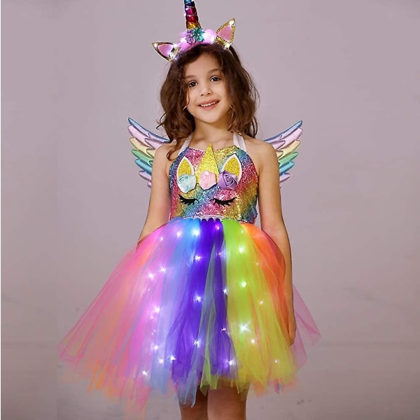 Enhörningsdräkt för flickor Led Light Up Tutu Dress Up Födelsedagspresenter Prinsessklänning till Halloweenfest White Led-rainbow Sequins 6-7 Years