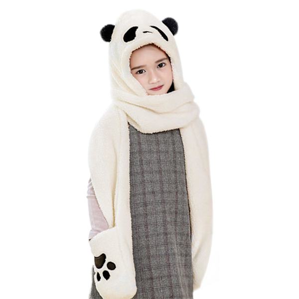 Kvinnor Flickor Söt Panda djur Vinterhattar 3 i 1 varm plysch luvtröja Cap Tasshandskar Vante Scarf Set