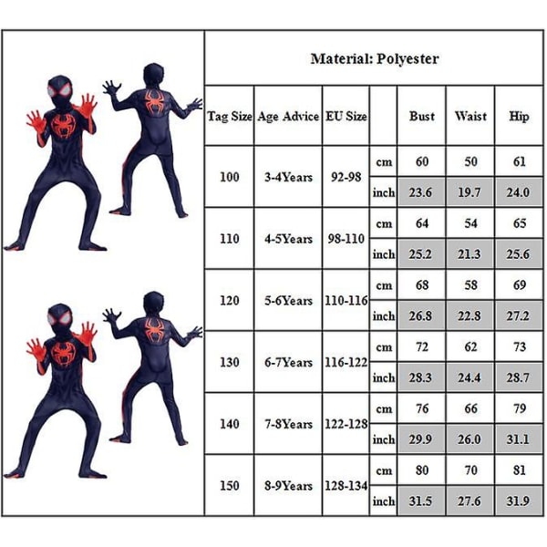 Spider-man Across The Spider-vers Cosplay kostym för barn, Spiderman Miles Morales Jumpsuit Halloween Party Fancy Dress Up Performance Cl 7-8 Years