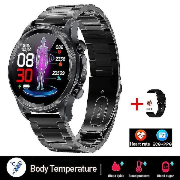 2023 Blodsocker Smart Watch Ecg+ppg Monitoring Blodtryck Kroppstemperatur Smartwatch Herr Ip68 Vattentät Fitness Tracker - Smart Wat Steel strip black