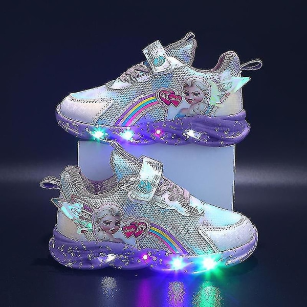 Flickor Led Casual Sneakers Elsa Princess Print Utomhusskor Barn Ljus-up halkfria skor för vår och vinter-yzy Purple 30-insole 18.3cm