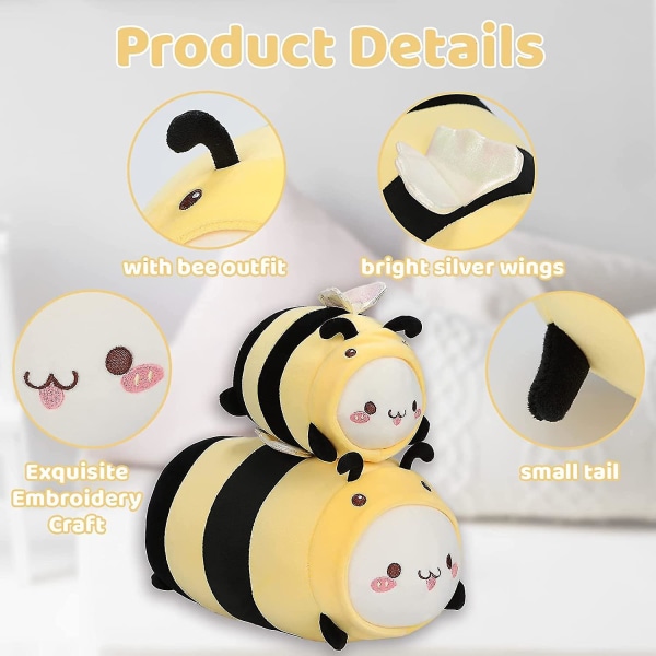 Söt katt Bee plysch kudde 8 kattunge honungsbi gosedjur, mjuk Kawaii katt plysch med bee outfit kostym, kramar plysch squishy kudde till