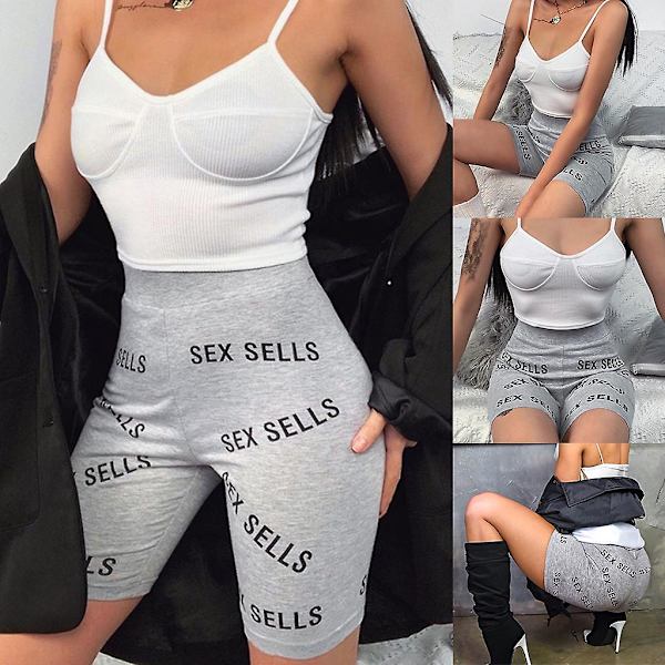 Kvinnor Hög midja Skinny Sport Biker Shorts Sexiga Bokstäver Tryckta Bomull Yoga Fitness Hot Pants Träning Tighta Leggings Grå L