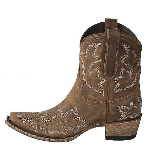 Kvinnor Retro Western Cowboy Cowgirl Broderi Spetsiga Tå Ankel Boots Låg Block Heel Booties Skor Storlek BROWN EU 36