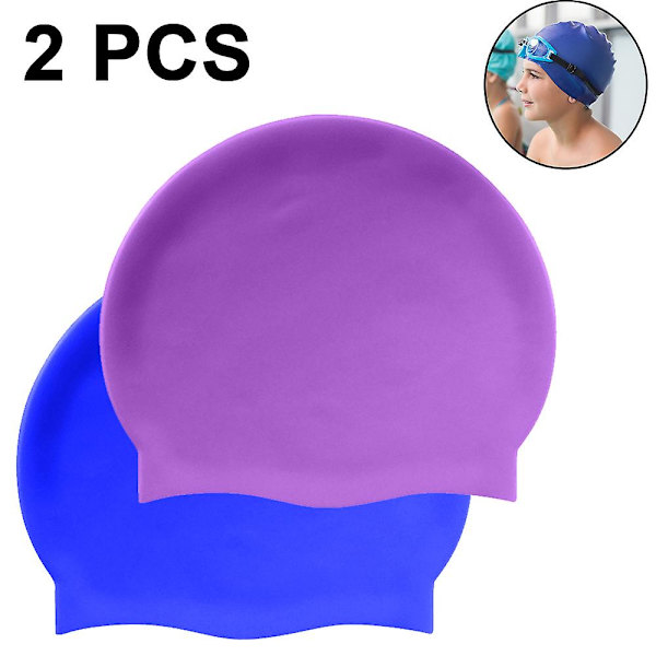 Långt hår cap - Silikonbadmössor för flickor, barn, vuxna (2-pack) blue and purple