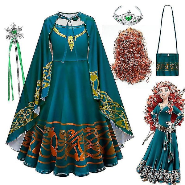 Film Brave Merida Dräkt För Flickor Halloween Prinsessklänning Barn Carnival Fantasia Barn Xmas Party Cosplay Kostym wig 4T  110