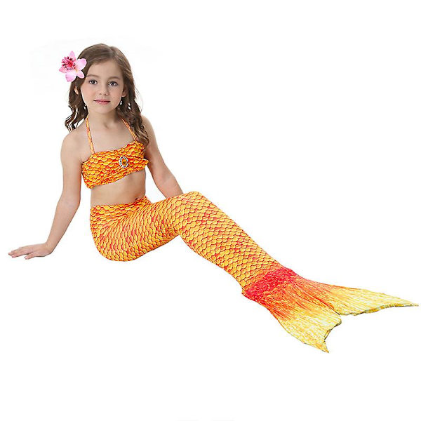 Girls Mermaid Tail Baddräkt Bikini Set Badkläder Simdräkt Bad Orange 10-11 Years