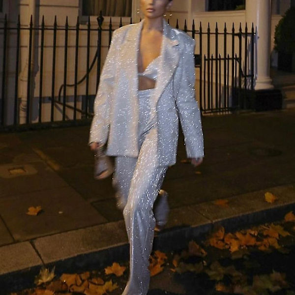 Paljett Silver Blazer Coat Crop Top Enfärgad Kostym För Kvinnor - Mode/casual Bodycon Vacker Vår/sommarkläder Silver S