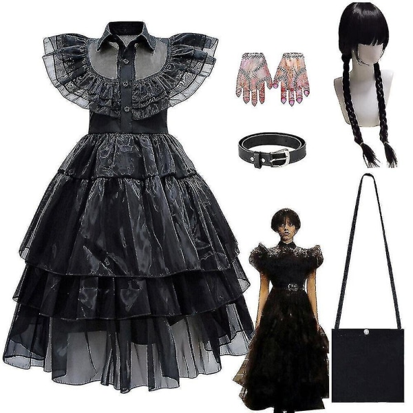 Barn Flickor Onsdag The Addams Family Costume Halloween Klänning Födelsedagsfest Dress Belt Bag Gloves Wig 120cm