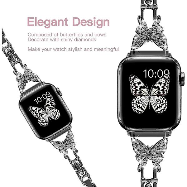 Fjärilsarmband kompatibelt med Apple Watch Band Diamond Metal Armbandsrem kompatibel med Iwatch Black 38-40-41 mm