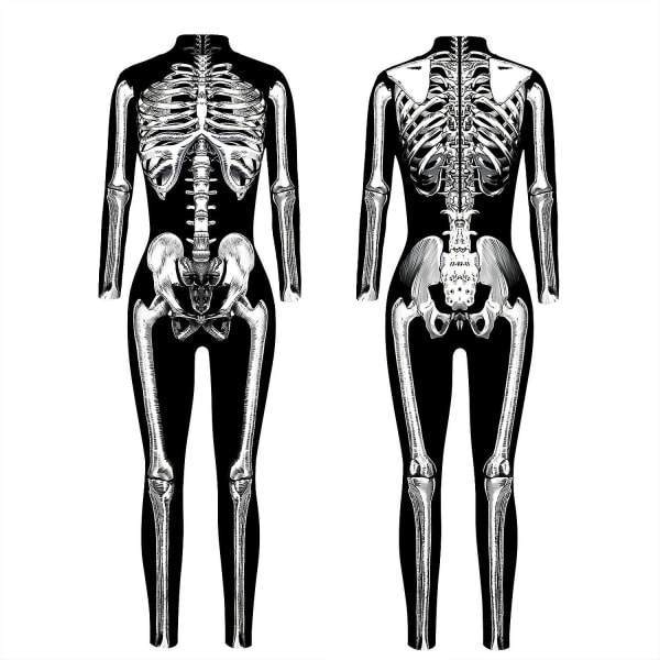 Halloween-skelettdräkt för barn och vuxna, bekväm Onesie Jumpsuit Black S