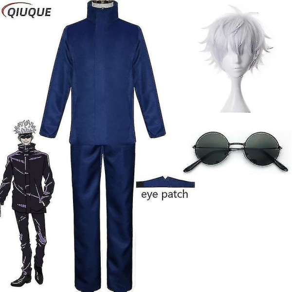 2023-anime Jujutsu Kaisen Gojo Satoru Cosplay Kostym Toppar Byxor Ögonlapp Halloween Party Män Uniform Peruker-1-1 Blue Package 4 S