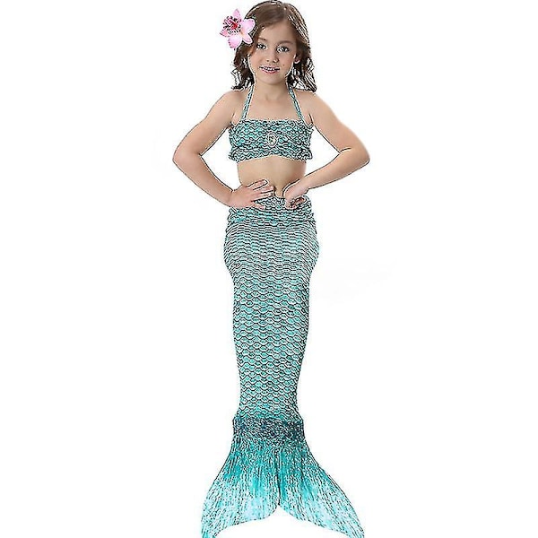 Barn Flickor Mermaid Tail Bikini Set Badkläder Baddräkt Simdräkt F Dark Green 8-9 Years