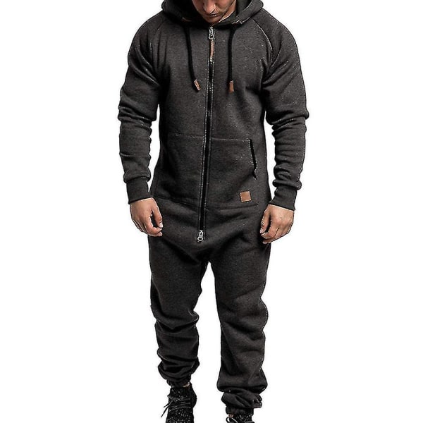 Men Onesie Hoodie Zip Jumpsuit Winter Casual Hooded Romper Playsuit dark grey l