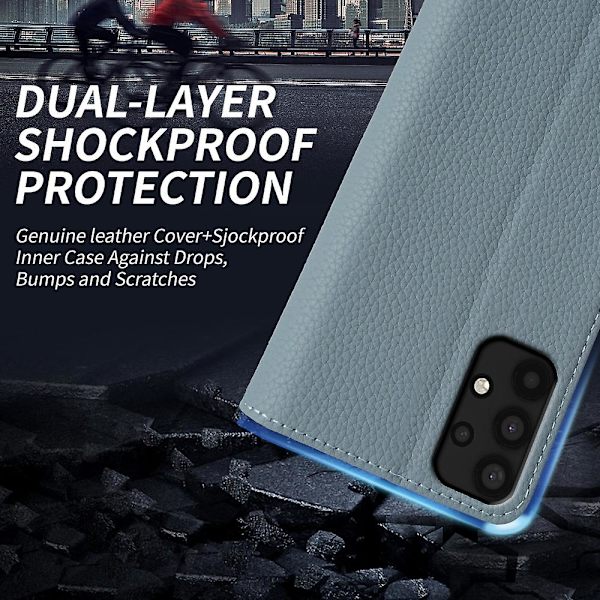 För Samsung Galaxy A33 5g äkta kohudsläder cover Fullt skydd Telefon Flip Case Baby Blue