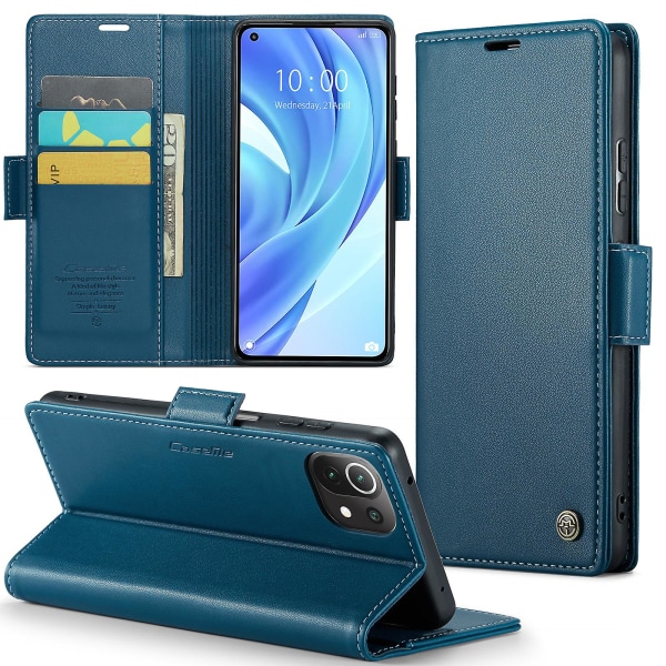 Caseme 023 Series Case För Xiaomi Mi 11 Lite 4g / 5g / 11 Lite 5g Ne , Pu Läder Litchi Texture Stand Rfid Blocking Phone Cover Blue