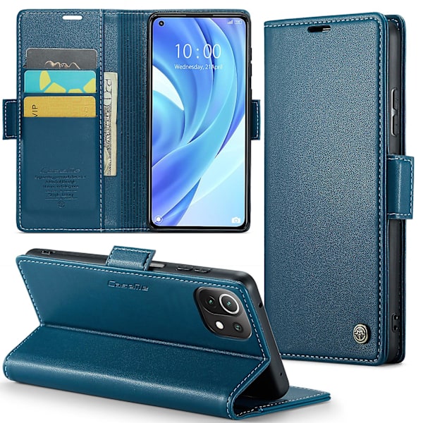 Caseme 023 Series Case För Xiaomi Mi 11 Lite 4g / 5g / 11 Lite 5g Ne , Pu Läder Litchi Texture Stand Rfid Blocking Phone Cover Blue